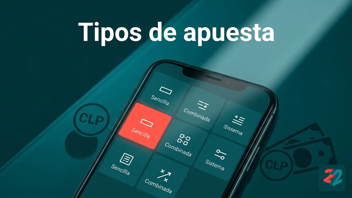 Mockup de tipos de apuesta disponibles en 22bet Chile en una pantalla de celular