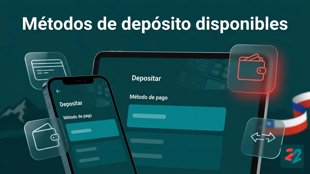 Mockup de app mostrando métodos de depósito disponibles en 22bet Chile: tarjeta, billetera y transferencia