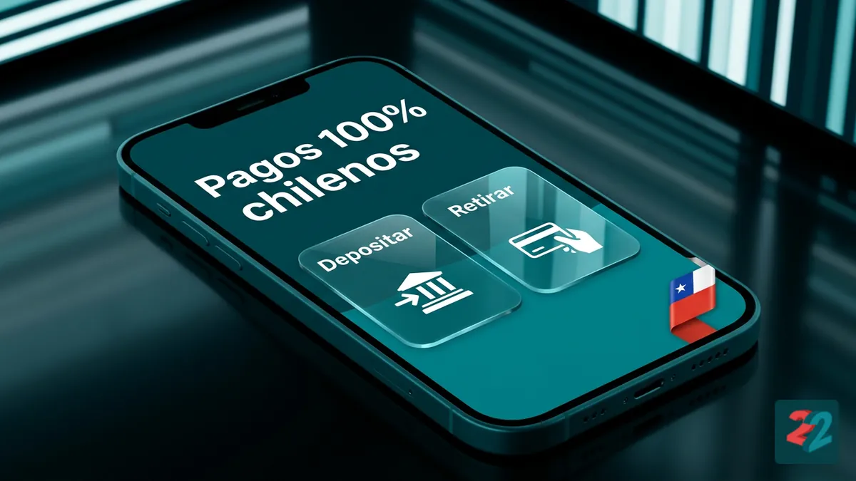 Mockup de app de 22bet Chile con opciones de depósito y retiro en métodos chilenos