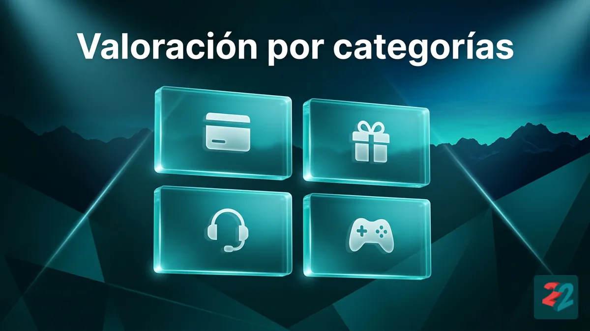 Tarjetas con la valoración de 22bet por categorías: pagos, bonos, soporte y transparencia